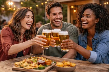 Group of happy diverse friends cheering with beer glasses at an outdoor terrace; young people enjoying snacks and drinks together in a warm evening atmosphere.