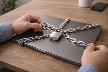 Close-up of a laptop locked with heavy metal chains and a padlock on a wooden desk; concept of data security, cyber protection, and internet privacy.