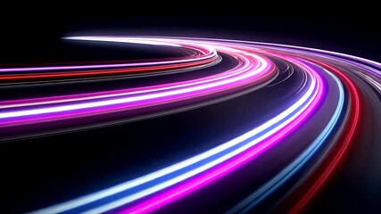 Curving light trails in shades of blue, purple, orange and white against a black background - Powered by Adobe