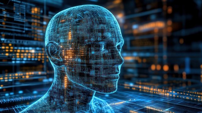 Holographic human face profile constructed of digital circuits, set against glowing data