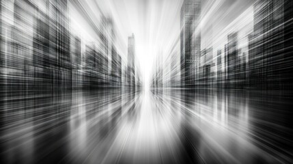 Black and white abstract image of a city skyline with radial blur and light burst