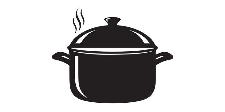 Vector illustration of a cooking pot icon and a hot coffee mug symbol featuring steam and a brown beverage silhouette for a cafe breakfast logo design