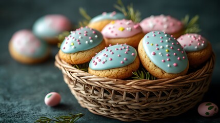 Colorful cookies in a basket with decorative icing and sprinkles for an event in a home setting during spring