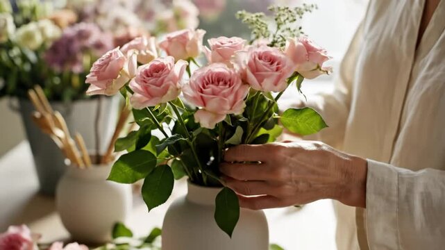 Woman arranging a bouquet of pale pink roses in a white vase with additional flowers and sunlight
