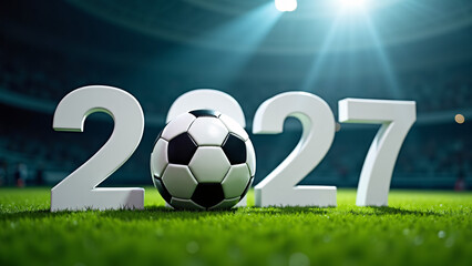 Soccer ball rests between bold &ldquo;2027&rdquo;&mdash;stadium lights blaze, crowd surges, turf gleams, evoking future tournament anticipation, sport-core grandeur, and global celebration.
