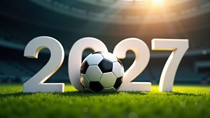 Soccer ball replaces &ldquo;0&rdquo; in bold &ldquo;2027&rdquo;&mdash;sunlight streams, turf gleams, evoking future tournament anticipation, sport-core grandeur, and global celebration.
