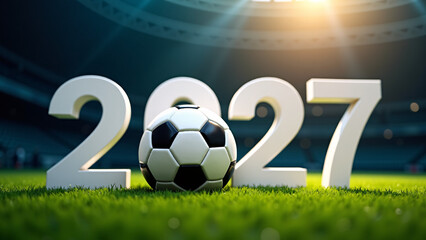 Soccer ball replaces &ldquo;0&rdquo; in bold &ldquo;2027&rdquo;&mdash;stadium lights blaze, turf gleams, evoking future tournament anticipation, sport-core grandeur, and global celebration.
