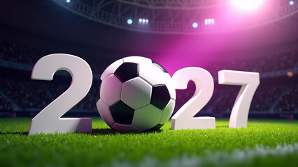 Soccer ball replaces &ldquo;0&rdquo; in bold &ldquo;2027&rdquo;&mdash;pink spotlight glows, stadium surges, evoking future tournament anticipation, sport-core grandeur, and global celebration.
