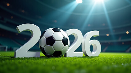 Soccer ball replaces &ldquo;0&rdquo; in bold &ldquo;2026&rdquo;&mdash;stadium lights blaze, turf gleams, evoking World Cup anticipation, sport-core grandeur, and global celebration.
