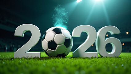 Soccer ball replaces &ldquo;0&rdquo; in bold &ldquo;2026&rdquo;&mdash;stadium lights blaze, turf glows, evoking World Cup anticipation, sport-core grandeur, and global celebration.
