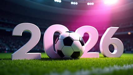 Soccer ball replaces &ldquo;0&rdquo; in bold &ldquo;2026&rdquo;&mdash;pink light glows, stadium surges, evoking World Cup anticipation, sport-core grandeur, and global celebration.

