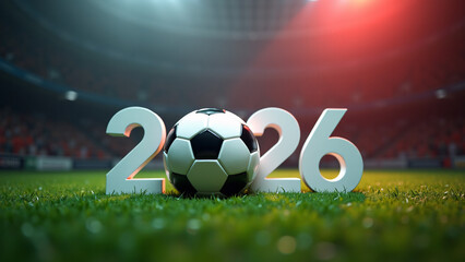Soccer ball replaces &ldquo;0&rdquo; in bold &ldquo;2026&rdquo;&mdash;red and blue lights blaze, crowd surges, evoking World Cup anticipation, sport-core grandeur, and global celebration.
