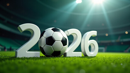 Soccer ball rests between bold &ldquo;2026&rdquo; on stadium turf&mdash;lights blaze, seats fade, evoking World Cup anticipation, sport-core grandeur, and global celebration.
