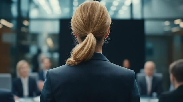 A woman with her hair in a ponytail stands confidently in an office boardroom.