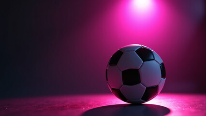 Soccer ball glows under pink spotlight&mdash;dark backdrop and vivid hue evoke sport-core elegance, dramatic tension, and visual purity.

