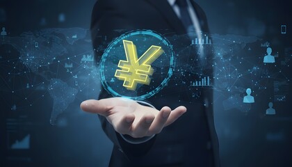 Businessman in suit holding glowing yuan symbol in hand with global network connection