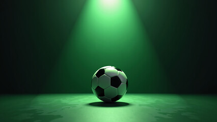 Soccer ball glows under green spotlight&mdash;dark backdrop and focused light evoke sport-core tension, visual purity, and dramatic clarity.
