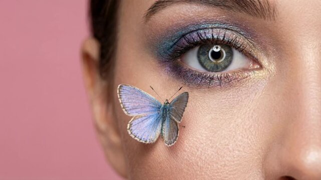 Extreme close-up of a woman's eye with colorful artistic makeup and a blue butterfly on her cheek. Model posing with an insect on her face against a pink background. Beauty and nature concept