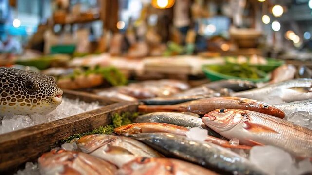 Fresh Tropical Fish Displayed on Ice at a Vibrant Seafood Market with Colorful Backgrounds and Bustling Atmosphere