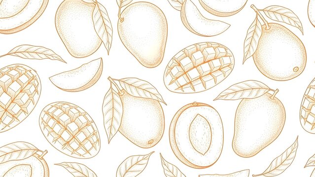 Seamless pattern of hand-drawn mango fruits with leaves on white background