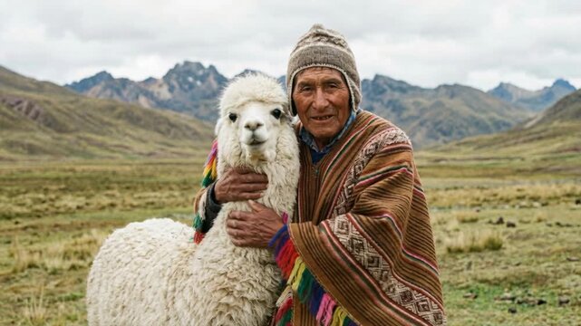 Indigenous Andean man hugging a white alpaca in the mountains of Peru. Elderly male wearing traditional poncho and chullo hat smiling with animal. South American culture and rural lifestyle