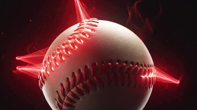 Close-up cinematic rotating view leather baseball black background, red stitches glowing pulsing energy animated threads effect smoke floating light particles leather texture, dramatic low-key lightin