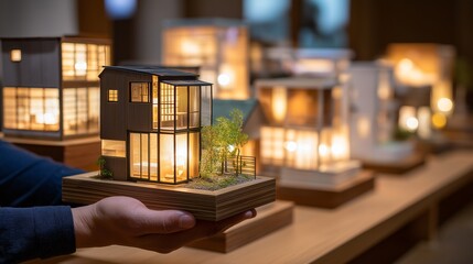 Hands gently cradle a meticulously detailed modern architectural model house with glowing interior lights, showcasing intricate design and miniature landscaping against a soft bokeh backgrou