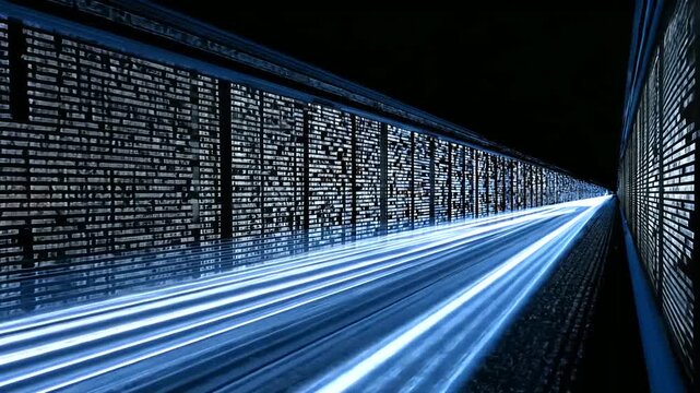 Blue light streaks speed through a dark tunnel with grated walls, creating perspective