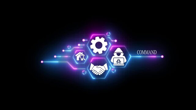 Digital network concept with icons for command execution and system security technology data