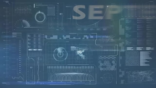 Animation loop of september text over infographic interface with globe, graph, speedometer
