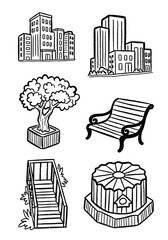 Naklejka premium A collection of hand-drawn urban and park elements including city buildings, a potted tree, park bench, and stairs, in a rough sketch vector illustration style