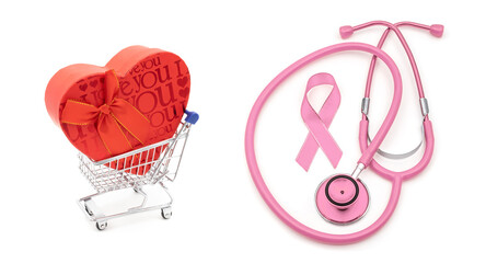 a composite visual symbolizing breast cancer awareness and care, The pink stethoscope and heart-shaped gift box with a shopping cart suggest themes of healthcare, support, and perhaps fundraising