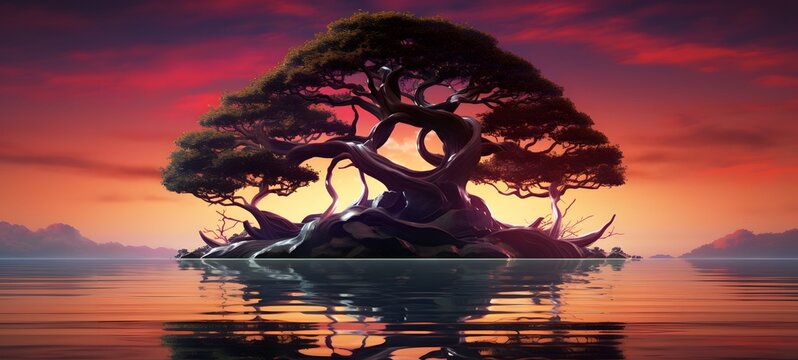 silhouette of banyan bonsai ,generative AI