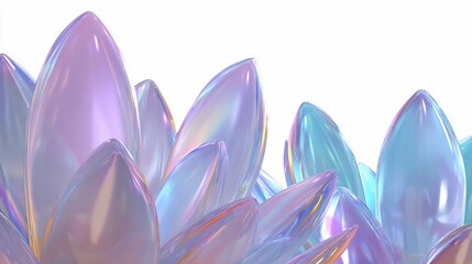 Iridescent, translucent, crystal-like structures against a white backdrop. Abstract, modern, and decorative