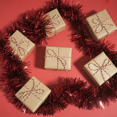 Wrapped gifts arranged in a circle with a festive red tinsel garland