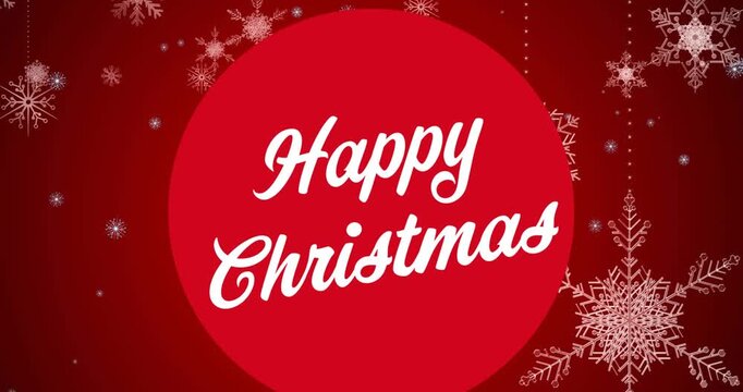 Christmas wreath decoration and snow falling against text on christmas tree on red background