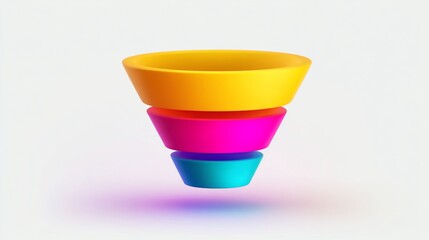 Three-tiered, colorful, volumetric funnel graphic floating against a white background with a subtle glow