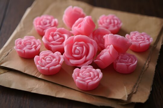 Delicate rose-shaped pink candies arranged neatly on a rustic piece of parchment paper