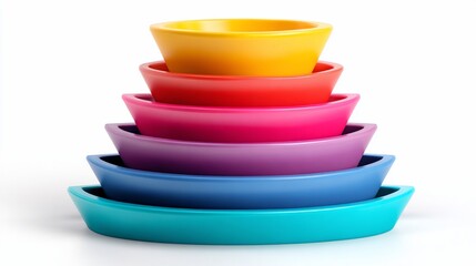 Colorful, nested, ceramic bowls stacked in a pyramid shape against a plain white backdrop