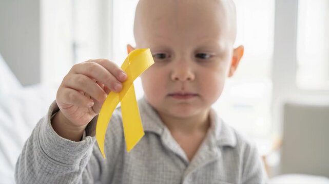 Young boy undergoing chemotherapy holding a yellow awareness ribbon. Bald child patient smiling with hope in a bright hospital room. Pediatric oncology support and childhood cancer symbol