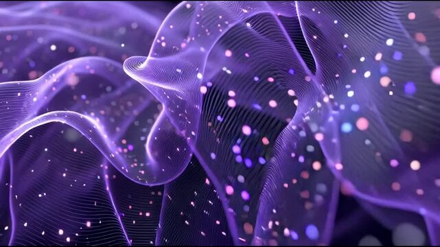 Abstract purple background with wavy lines and colorful dots for World Cancer Day awareness campaign with a dark and moody atmosphere.