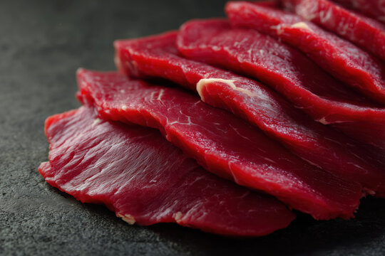 Sliced raw beef meat on a dark background. Selective focus.