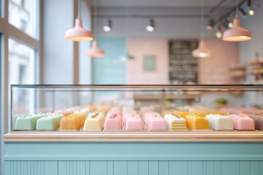 Colorful cakes displayed in a bright bakery setting