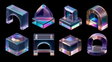 Isometric, holographic, geometric shapes in a variety of designs, with iridescent refractions