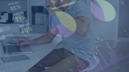 Animation highlights technology's role in global business through a man and data processing.