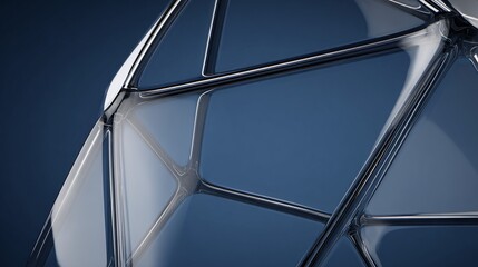 Futuristic, geometric structure with interconnected lines and transparent surfaces, set against a dark blue background