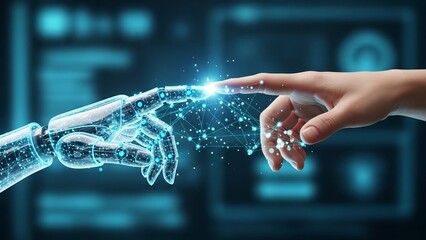 Fototapeta premium Translucent robotic hand reaching out to a human hand symbolizing trust and technology