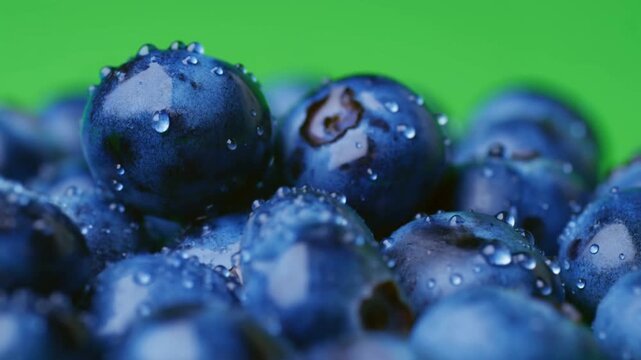 Close-Up Examination of Fresh, Juicy Blueberries with Water Droplets on a Bright Green Background Capturing Their Rich Color and Texture