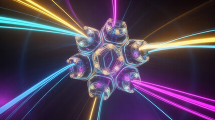 A geometric fractal shape expands outward into colorful light bursts symbolizing a futuristic countdown rendered as abstract digital art with dynamic motion luminous energy