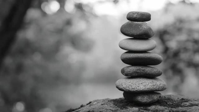 A stack of small rocks on a log in a forest setting